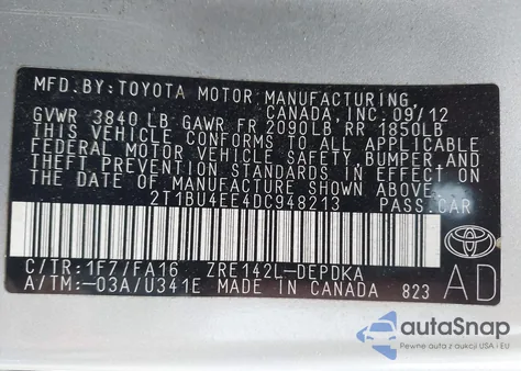 2013 Toyota Corolla L z USA, uszkodzony, nr VIN 2T1BU4EE4DC948213